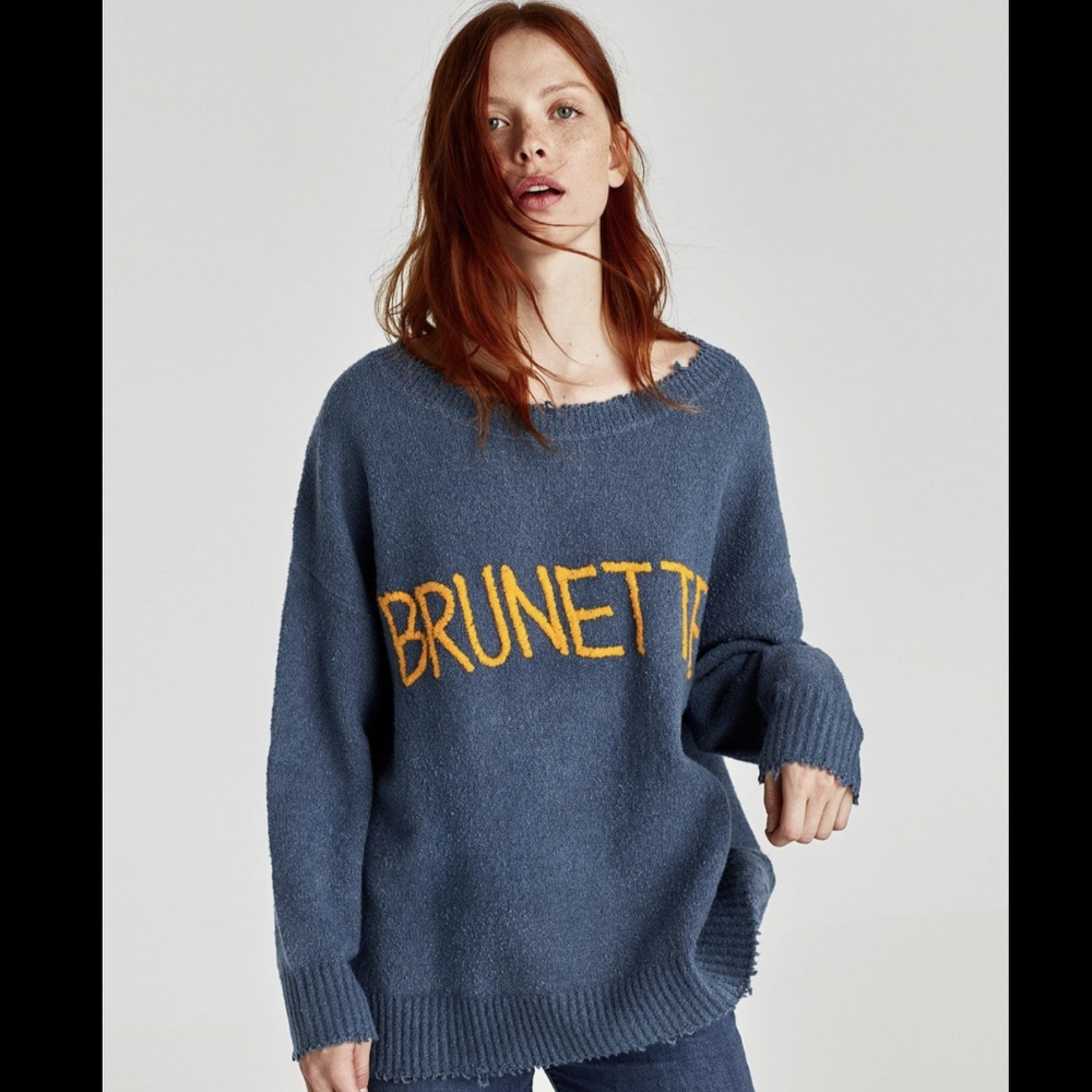 Zara BRUNETTE Spell Out Frayed Raw Oversized Slouchy Sweater BLOGGER FAVORITE M - Picture 3 of 12